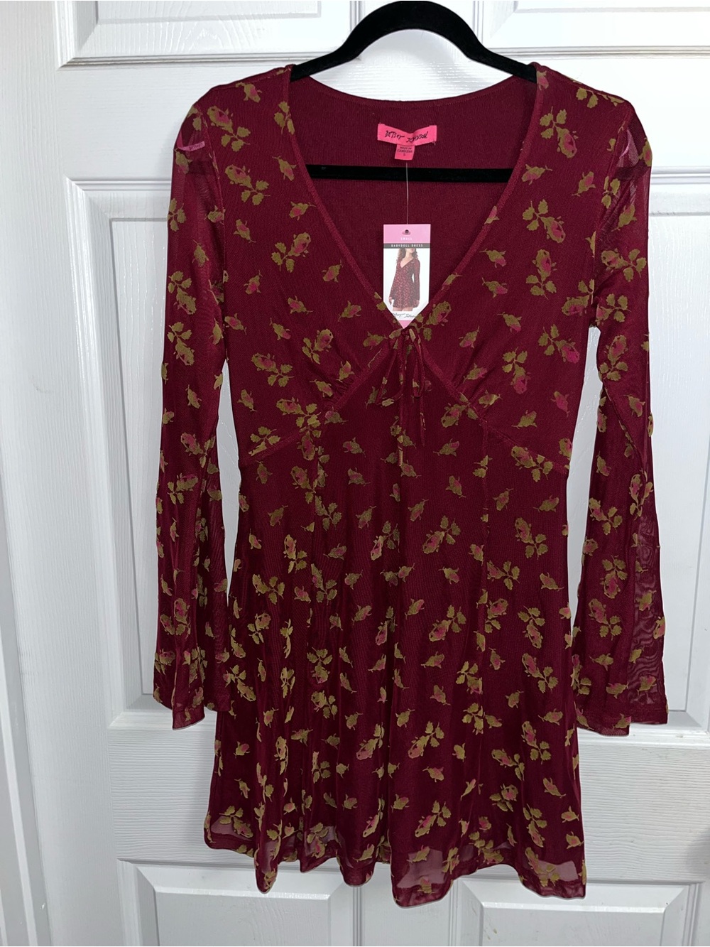 Betsey Johnson Burgundy Floral Mini Dress with Gold Leaf Print